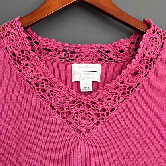 Vintage Christopher & Banks Hand Crochet Pink Short Sleeve Top Women's Large L - Picture 4 of 12